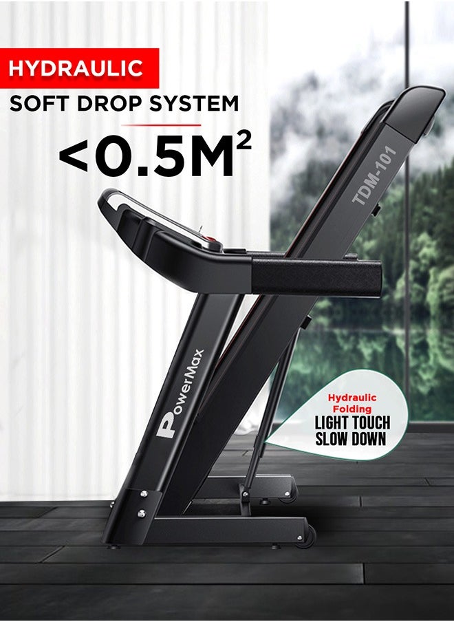 PowerMax Fitness - PowerMax Fitness TDM-101 4HP Peak Motorized Treadmill Max User Weight:100kg Foldable With 12km/hr Speed Levels, LED Display, 12 Pre-Set Programs and Bottle & Accessories Holder (Black) - Image 1