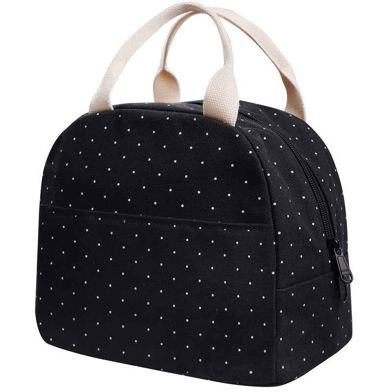 EurCross Upgraded Compact Black Lunch Bag for Girls Women,Canvas Reusable Insulated Polka Dot Lunch Tote Box Bag for Work School - Image 1
