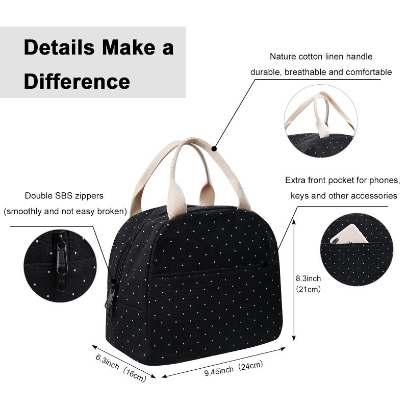 EurCross Upgraded Compact Black Lunch Bag for Girls Women,Canvas Reusable Insulated Polka Dot Lunch Tote Box Bag for Work School - Image 2