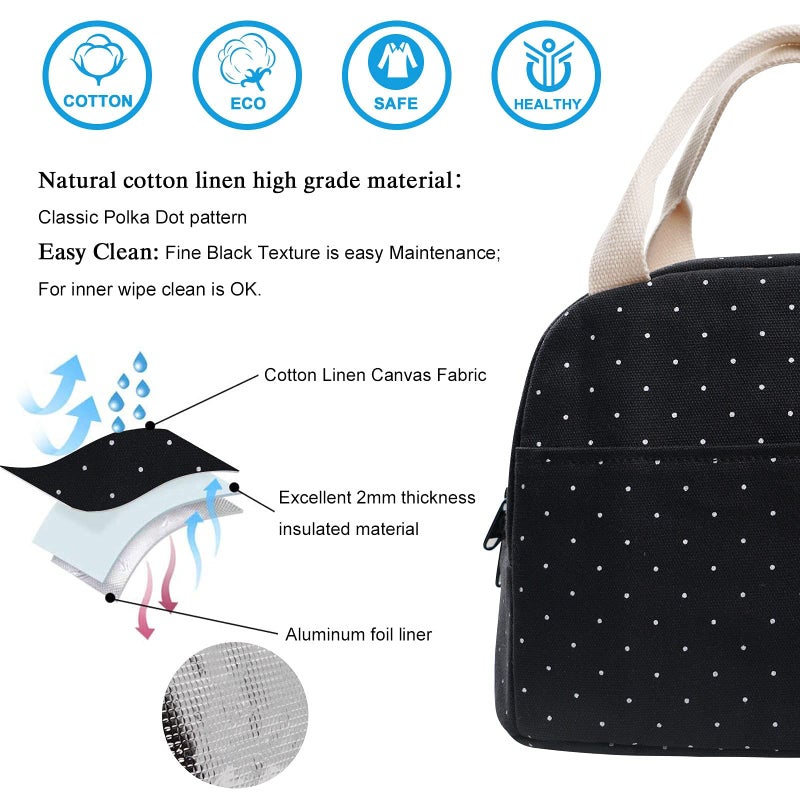 EurCross Upgraded Compact Black Lunch Bag for Girls Women,Canvas Reusable Insulated Polka Dot Lunch Tote Box Bag for Work School - Image 3