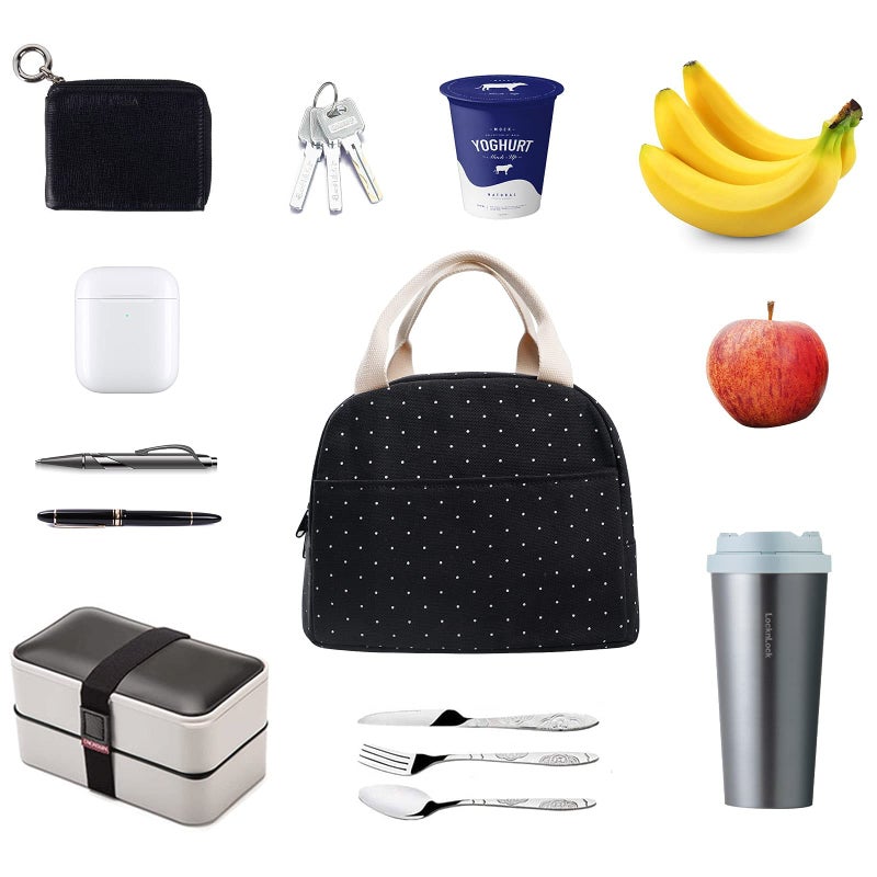 EurCross Upgraded Compact Black Lunch Bag for Girls Women,Canvas Reusable Insulated Polka Dot Lunch Tote Box Bag for Work School - Image 4