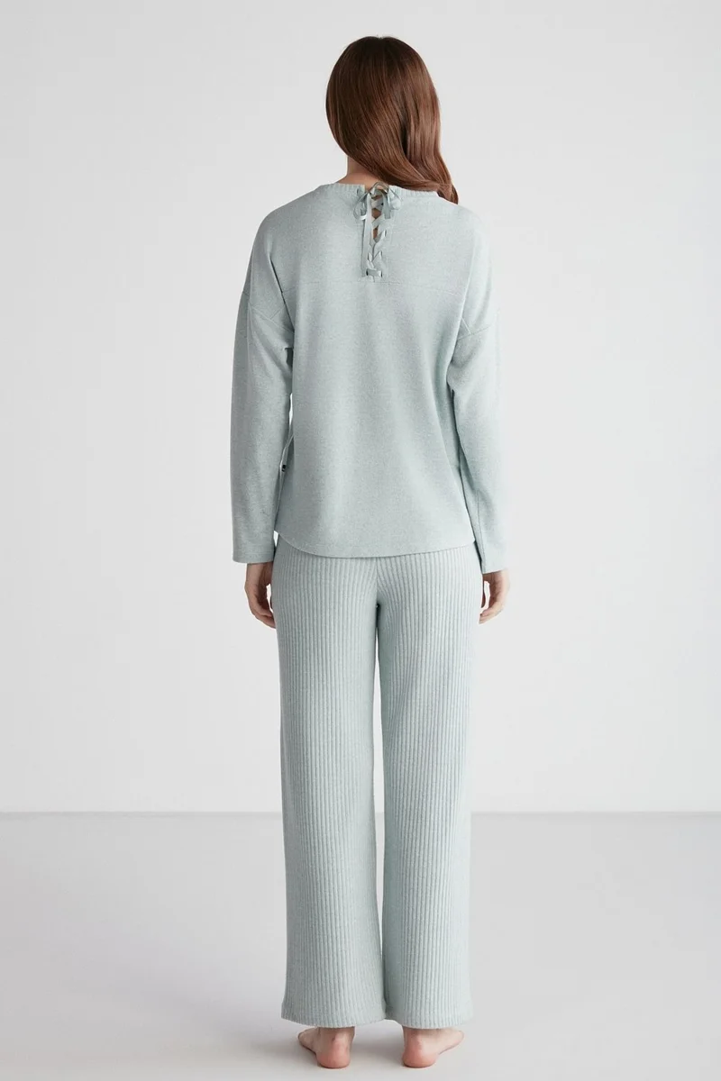 يو اس بولو اسن BASE. Polo Assn. 16954 Women's Green Melange Round Collar Long Sleeve Pajama Set - Yesillange