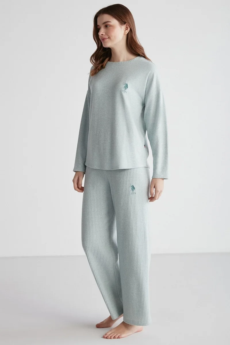 يو اس بولو اسن BASE. Polo Assn. 16954 Women's Green Melange Round Collar Long Sleeve Pajama Set - Yesillange