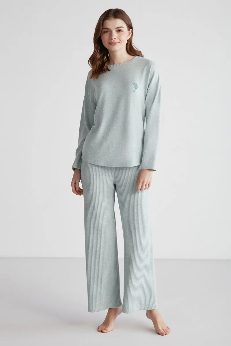 يو اس بولو اسن BASE. Polo Assn. 16954 Women's Green Melange Round Collar Long Sleeve Pajama Set - Yesillange