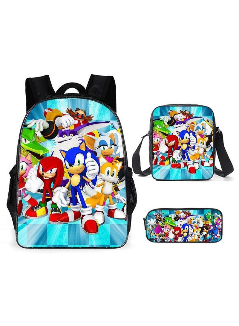 Sonic Primary School Backpack Cartoon Anime Backpack Messenger Bag Pencil Case Three-Piece Set 29*16*42cm