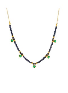 Stainless Steel Necklace Golden with Black Crystal Beads and Green Zircon hearts Pendants