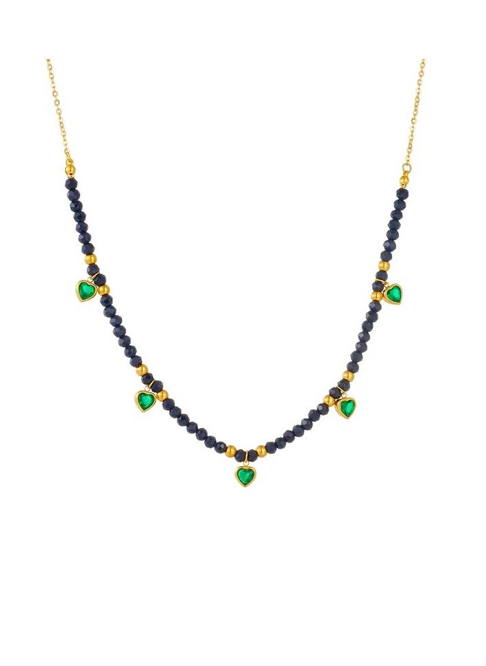 The Black Pearl Accessories - Stainless Steel Necklace Golden with Black Crystal Beads and Green Zircon hearts Pendants - Image 1
