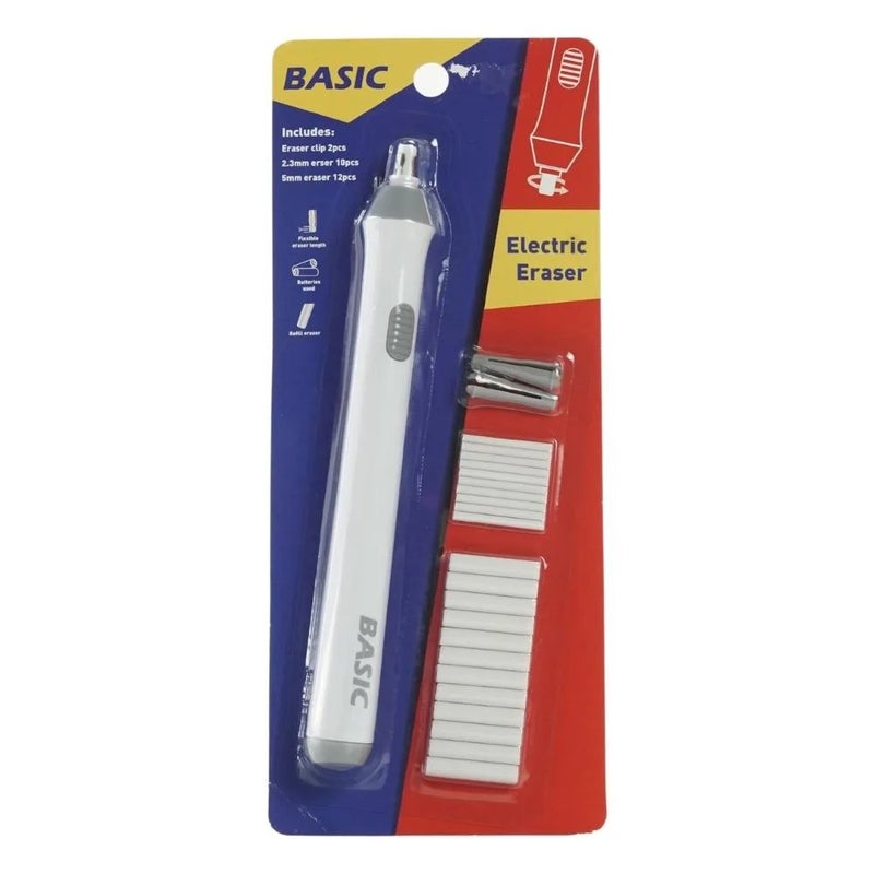 Basic Electric Eraser with 2 Erase Clip + 2.3 mm Eraser 10pcs & 12pcs of 5mm- Grey and White - Image 1