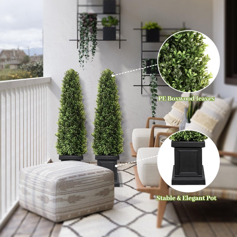 colorspec 3.5ft Boxwood Outdoor Topiary Set of 2, Tall All Year Green Fake Plant Topiary Trees Artificial Outdoor Porch Trees with Sturdy Pot for Outdoor Indoor (Square) - Image 3