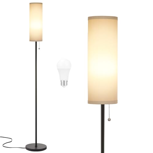 Ambimall Floor Lamp for Living Room with 3 Color Temperatures Bulb, 64" Standing lamp with Linen lampshade for Bedroom, Minimalist Pole Lamp, Grey Shade & Black Pole - Image 1