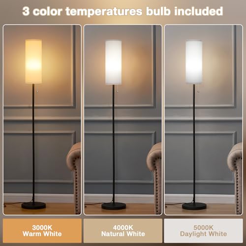 Ambimall Floor Lamp for Living Room with 3 Color Temperatures Bulb, 64" Standing lamp with Linen lampshade for Bedroom, Minimalist Pole Lamp, Grey Shade & Black Pole - Image 3