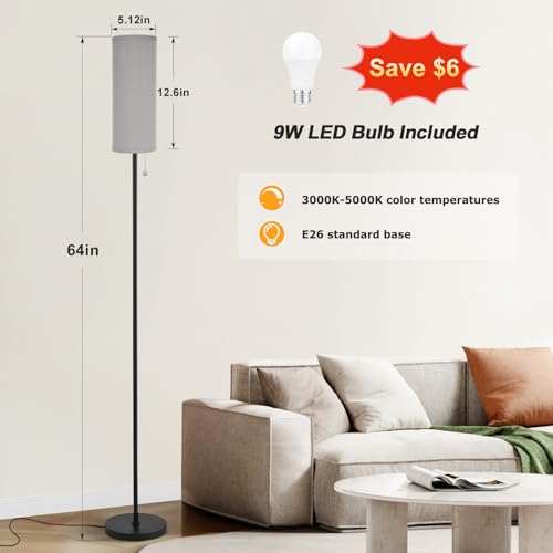 Ambimall Floor Lamp for Living Room with 3 Color Temperatures Bulb, 64" Standing lamp with Linen lampshade for Bedroom, Minimalist Pole Lamp, Grey Shade & Black Pole - Image 2