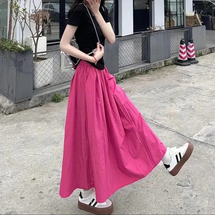 Lazy Style Yamamoto High Waist Half-length Umbrella Skirt Womens Summer New Korean Style Casual Slimming Mid-length Cotton Linen Large Swing Skirt Hot Raspberry red (with pockets)
