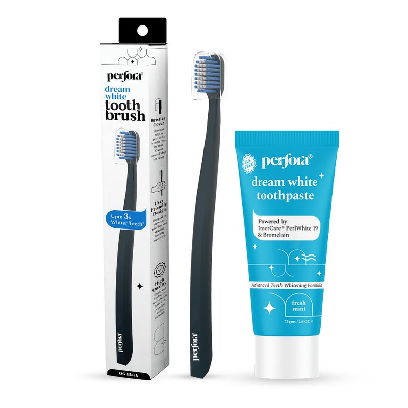 Perfora مجموعة العناية بالفم المصغرة لتبييض الأسنان البيضاء من بيرفورا | معجون الأسنان دريم وايت وفرشاة الأسنان | معجون أسنان خالي من SLS والفلورايد | شعيرات فائقة النعومة للأسنان الحساسة - أسود OG - Image 1
