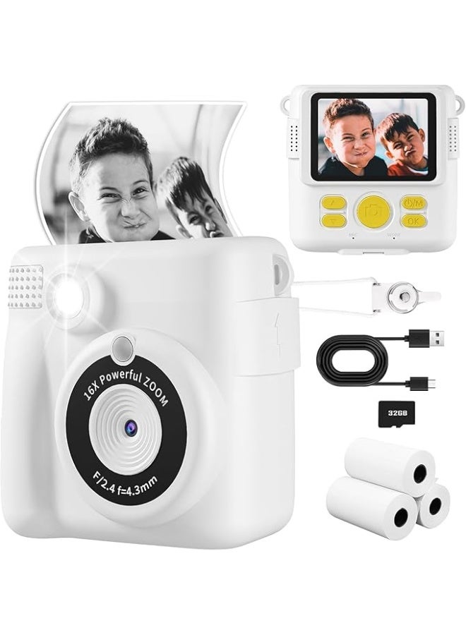 Kids Camera Instant Print, Safe Toddler Camera, HD Digital Cameras 16X Digital Zoom & 32G SD Card, 2.4‘’Screen Instant Print Cameras for Kids, 4 5 6 7 8 9 10 Year Old Girl & Boy Birthday Gifts, White - Image 1