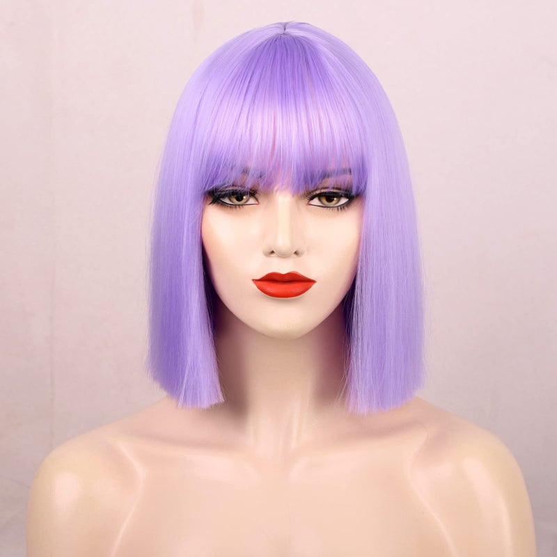 ENTRANCED STYLES Lavender Purple Bob Wig Colorful Wigs Heat Resistant Fiber Synthetic Wigs Straight Hair With Bangs for Women Daily Use Halloween Cosplay Wig