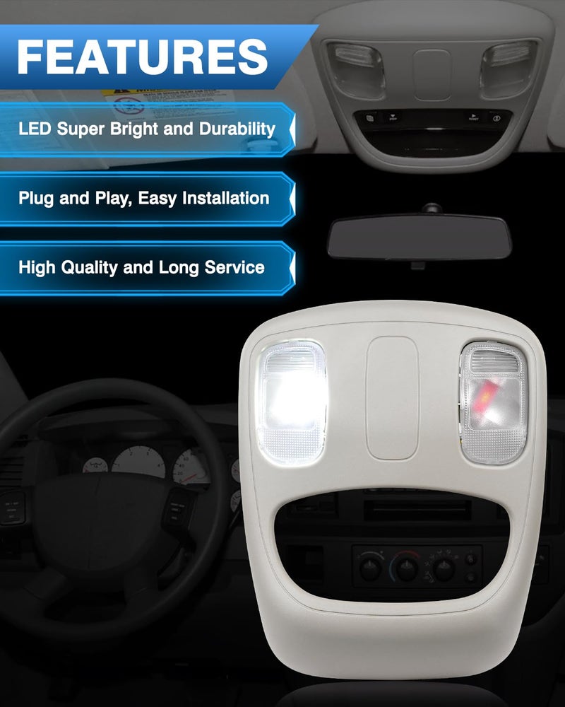 TOP-MAX Overhead Console Dome Light Replacement LED Interior Roof Map Reading Lamp for 2002-2010 Dodge Ram 1500 2500 3500 4500 5500, Replaces 1DK78BD1AA, 1DK78TL2AA - Image 4