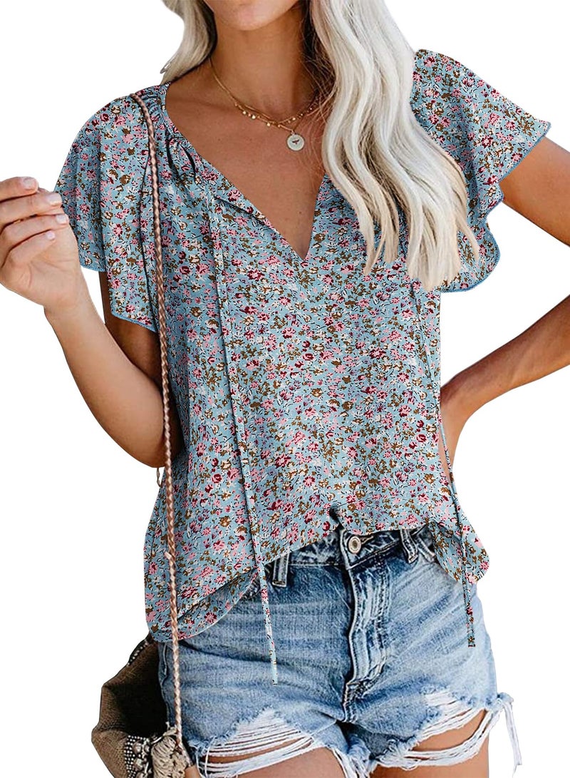SimpleFun Short Sleeve Blouses for Women Casual Summer V Neck Pleated Tops Loose Fitting (Floral19,L) - Image 1