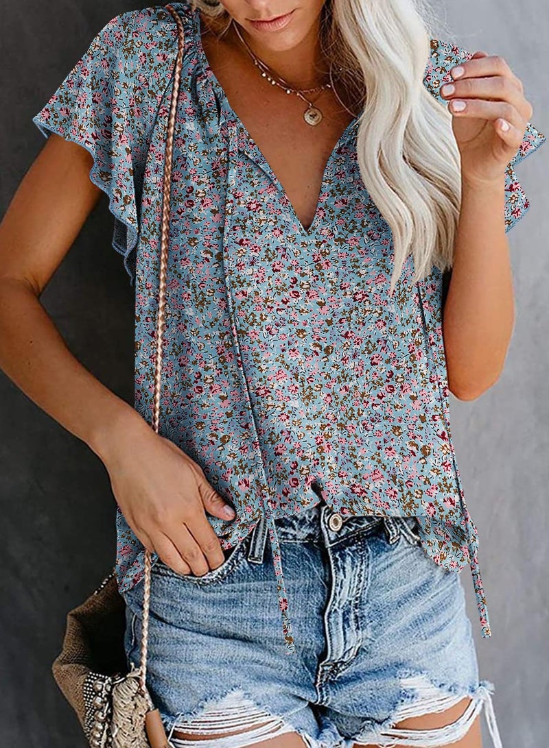 SimpleFun Short Sleeve Blouses for Women Casual Summer V Neck Pleated Tops Loose Fitting (Floral19,L) - Image 2