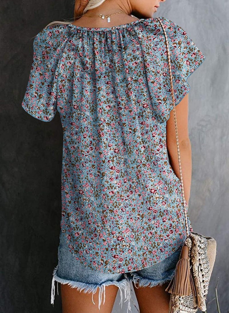SimpleFun Short Sleeve Blouses for Women Casual Summer V Neck Pleated Tops Loose Fitting (Floral19,L) - Image 5
