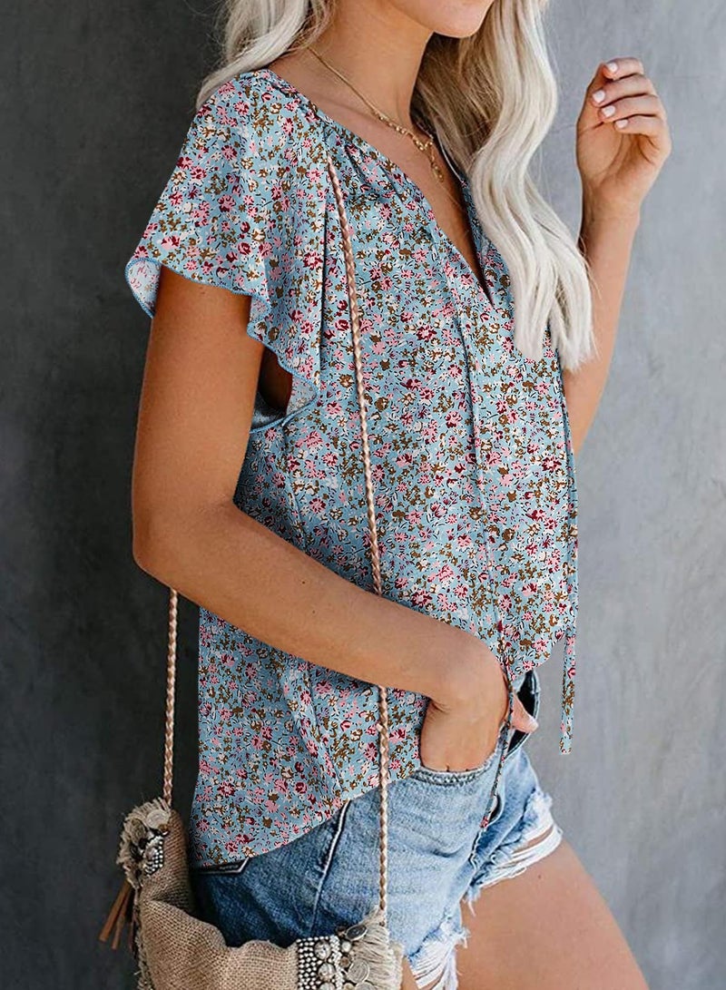 SimpleFun Short Sleeve Blouses for Women Casual Summer V Neck Pleated Tops Loose Fitting (Floral19,L) - Image 4