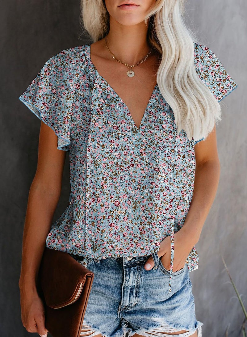 SimpleFun Short Sleeve Blouses for Women Casual Summer V Neck Pleated Tops Loose Fitting (Floral19,L) - Image 3
