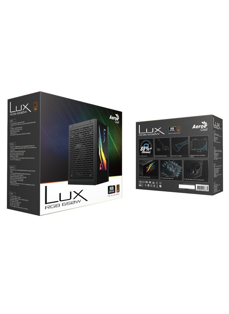 إيروكول وحدة إمداد الطاقة AeroCool LUX RGB 650W، 80Plus Bronze معتمدة بكفاءة تصل إلى 88%+، 3 تأثيرات إضاءة محددة مسبقًا، متوافقة مع RGB القابل للتحكم باستخدام +5V موصل RGB قابل للعنونة  - Image 1