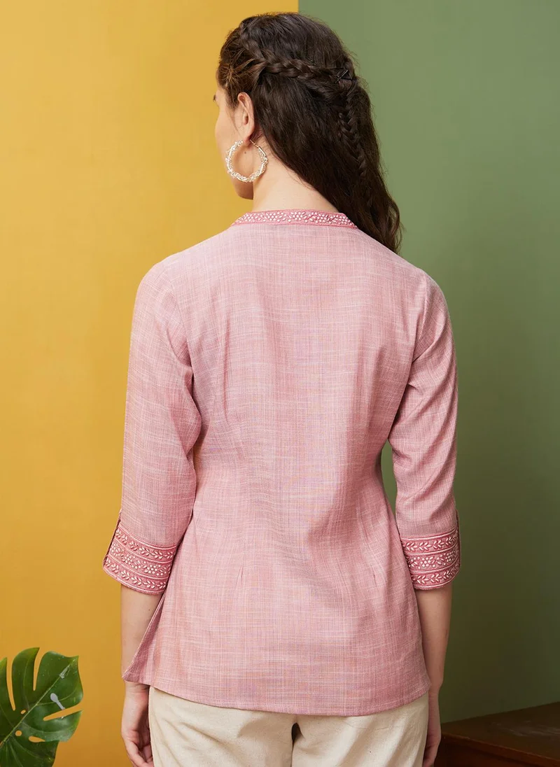 Globus pink Globus Women's Embroidered Flared A Line Tunic with Mandarin Collar for Women | Best Price UAE