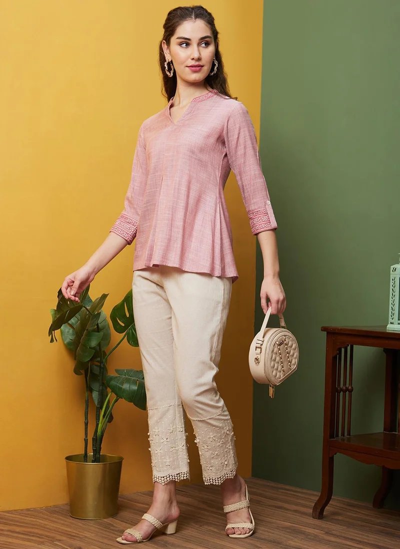 Globus pink Globus Women's Embroidered Flared A Line Tunic with Mandarin Collar for Women | Best Price UAE
