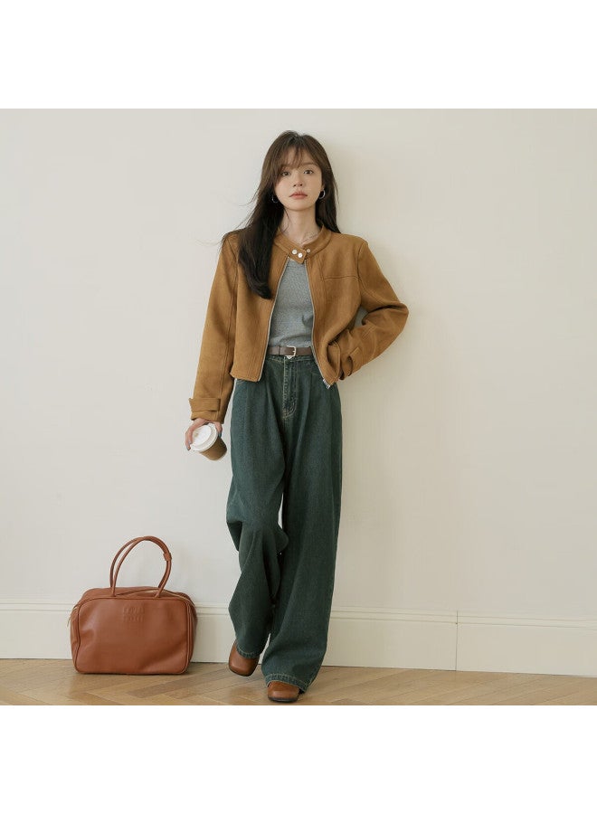 Mt Vintage Suede Autumn Motorcycle Style Stand Collar Zipper Casual Short Pee Women's Jacket - Image 5