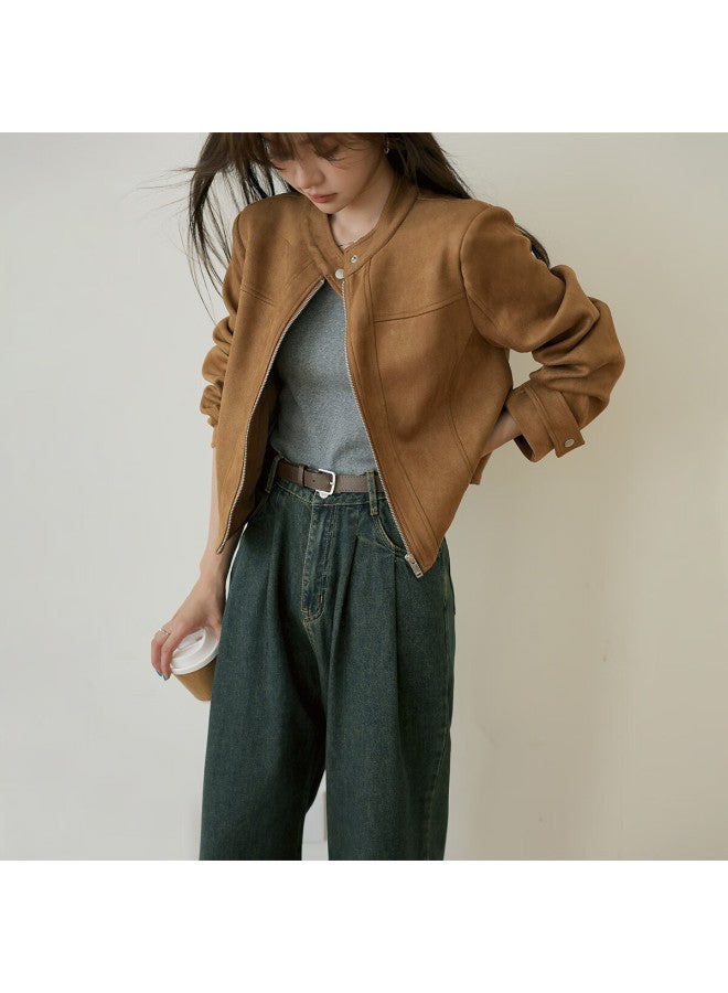 Mt Vintage Suede Autumn Motorcycle Style Stand Collar Zipper Casual Short Pee Women's Jacket - Image 4