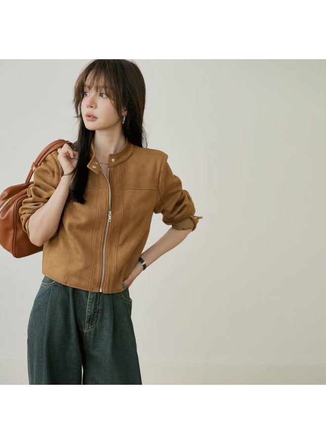 Mt Vintage Suede Autumn Motorcycle Style Stand Collar Zipper Casual Short Pee Women's Jacket - Image 2