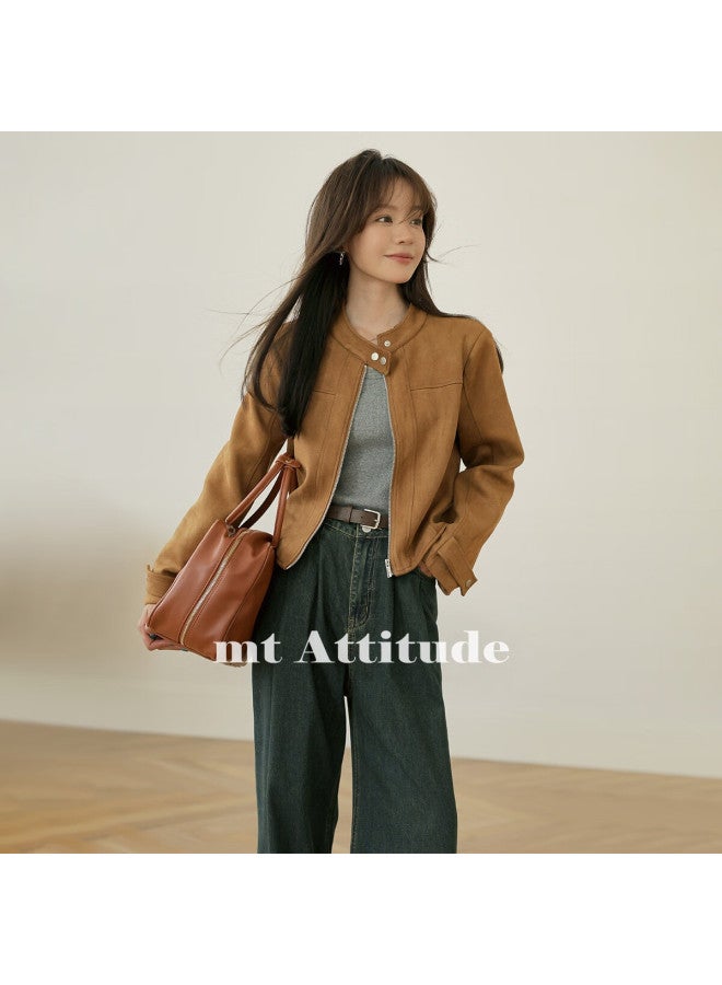 Mt Vintage Suede Autumn Motorcycle Style Stand Collar Zipper Casual Short Pee Women's Jacket - Image 1