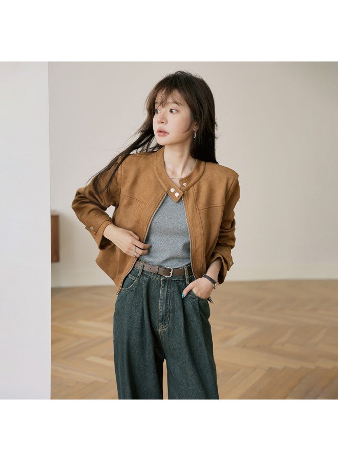 Mt Vintage Suede Autumn Motorcycle Style Stand Collar Zipper Casual Short Pee Women's Jacket - Image 3