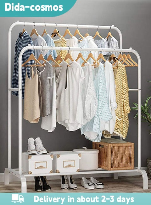 Freestanding Hanger Double Pole Multi-functional Bedroom Clothing Rack, White ‎56 x 110 x 150 cm
