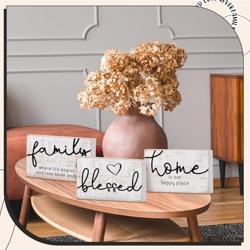 Jetec 3 Pcs Family Home Blessed Rustic Wood Sign Mini Wood Decorative Farmhouse Woodworks Table Shelves Decorations Sign for Bedroom Kitchen Living Room Table Decor(Retro Color,4.25 x 2.76 x 0.59 in) - Image 3