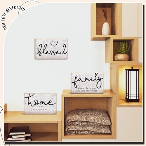 Jetec 3 Pcs Family Home Blessed Rustic Wood Sign Mini Wood Decorative Farmhouse Woodworks Table Shelves Decorations Sign for Bedroom Kitchen Living Room Table Decor(Retro Color,4.25 x 2.76 x 0.59 in) - Image 4