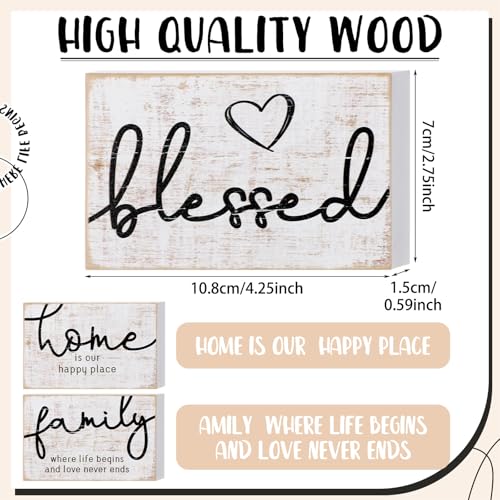 Jetec 3 Pcs Family Home Blessed Rustic Wood Sign Mini Wood Decorative Farmhouse Woodworks Table Shelves Decorations Sign for Bedroom Kitchen Living Room Table Decor(Retro Color,4.25 x 2.76 x 0.59 in) - Image 2