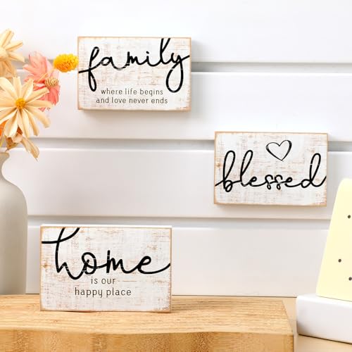 Jetec 3 Pcs Family Home Blessed Rustic Wood Sign Mini Wood Decorative Farmhouse Woodworks Table Shelves Decorations Sign for Bedroom Kitchen Living Room Table Decor(Retro Color,4.25 x 2.76 x 0.59 in) - Image 5