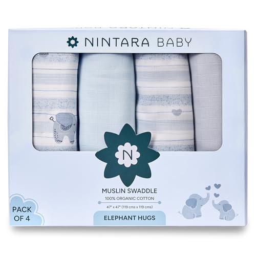 NINTARABABY Extra-Large Swaddles - 100% Organic Premium Muslin Cotton, 47" x 47" (119 cm x 119 cm), Ultra-Soft, Breathable & Lightweight, Hypoallergenic, Gifts for Newborn Babies, Pack of 4 - Image 1