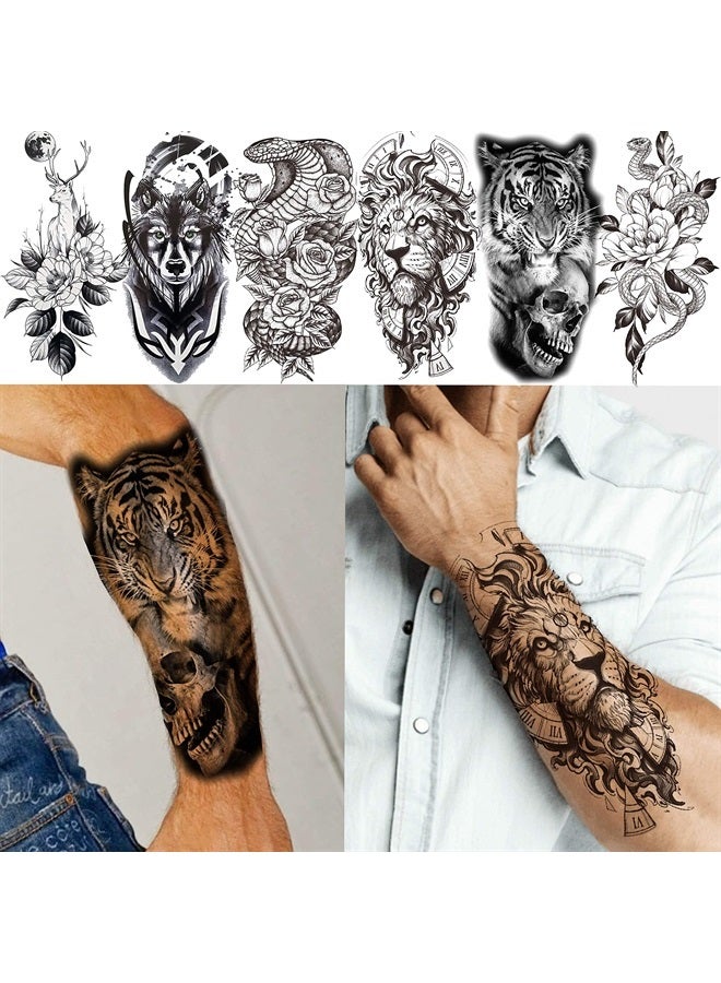 20 Sheets Extra Large Full Arm Temporary Tattoos For Men Adults, Tiger Snake Leopard Lion King Temporary Tattoos Sleeve For Women, Temp Waterproof Fake Tattoo Stickers For Kids Warrior Tatoos