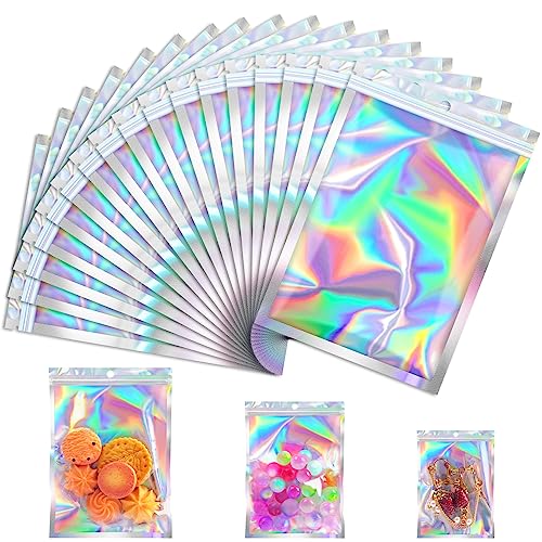 Jetmore 100 Pcs Smell Proof Bag, Zip Lock Mylar Bags with Clear Window, Resealable Holographic Bag for Gift, Jewelry, Snack, Candy, Treat, Small Business Packaging Bags, Small Goody Baggies (4x6in) - Image 1