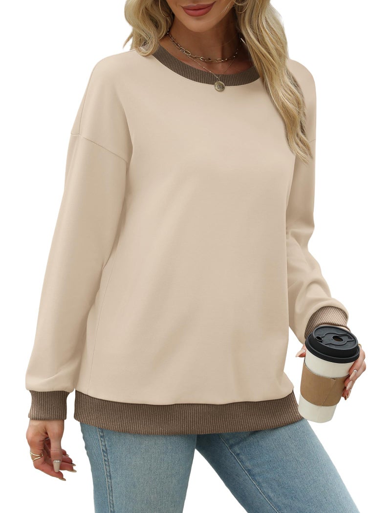 Saloogoe Long Sleeve Shirts for Women Loose Fit Sweatshirts Fall Fashion Outfits 2025 Teacher Khaki L - Image 3