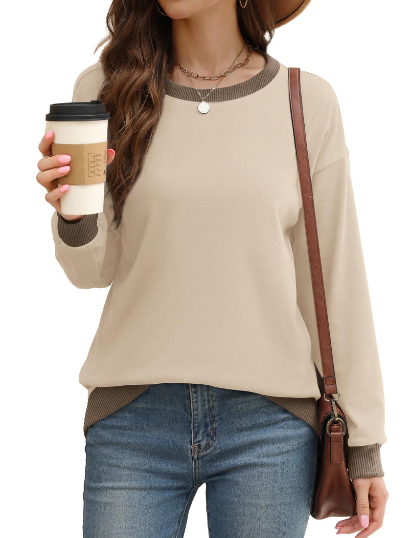 Saloogoe Long Sleeve Shirts for Women Loose Fit Sweatshirts Fall Fashion Outfits 2025 Teacher Khaki L - Image 2