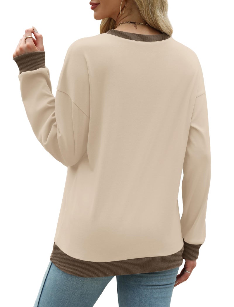 Saloogoe Long Sleeve Shirts for Women Loose Fit Sweatshirts Fall Fashion Outfits 2025 Teacher Khaki L - Image 4