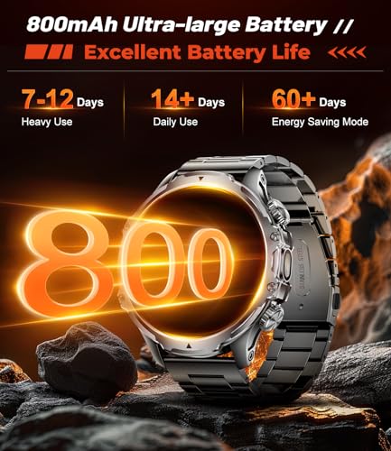 HIRREO ساعة ذكية عسكرية HIRREO للرجال 185 بوصة HD شاشة كبيرة ساعة ذكية 800mAh مصباح LED مقاومة للماء IP68 عداد خطوات 100 متتبع للياقة البدنية ساعات ذكية للرجال لنظامي Android و iOS باللون الأسود - Image 3