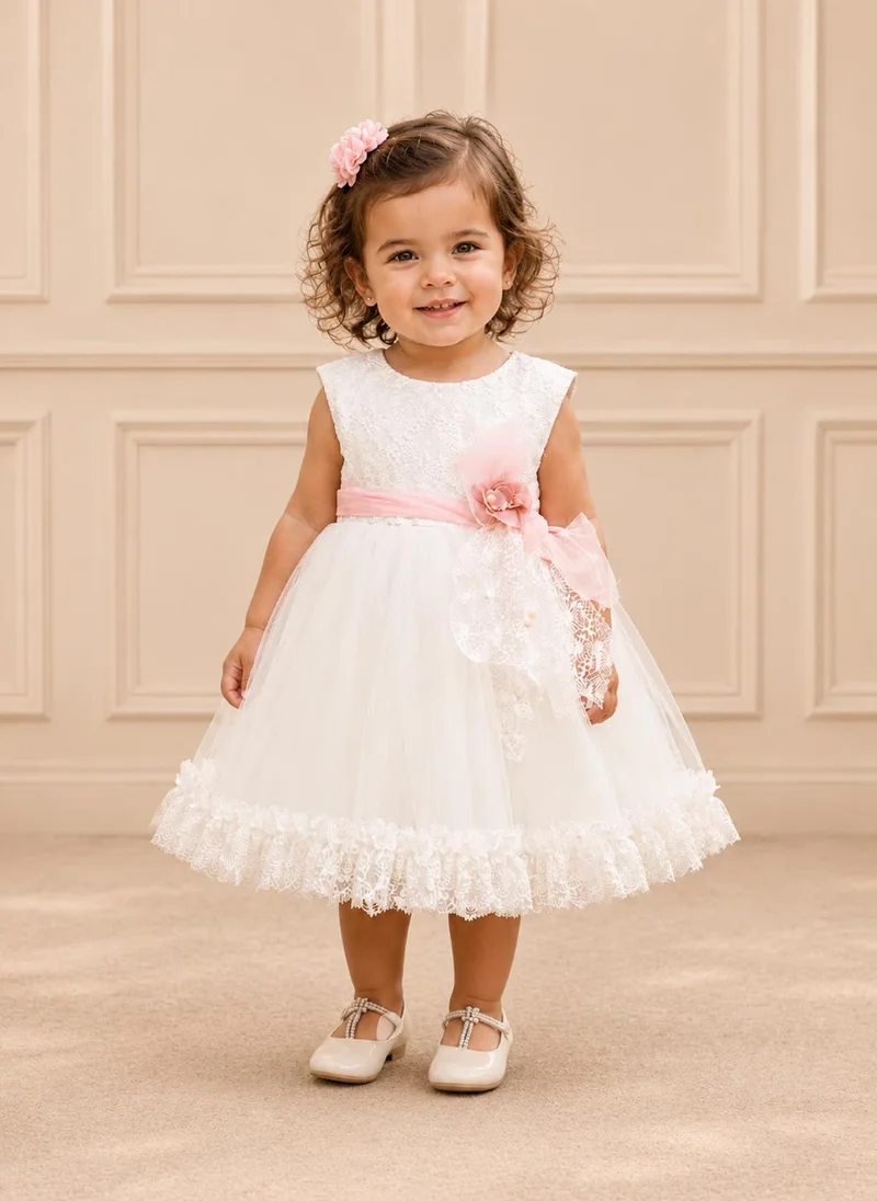 فيا بامبينو Ivory Lace Bodice Tulle Dress with Flower Sash 5590