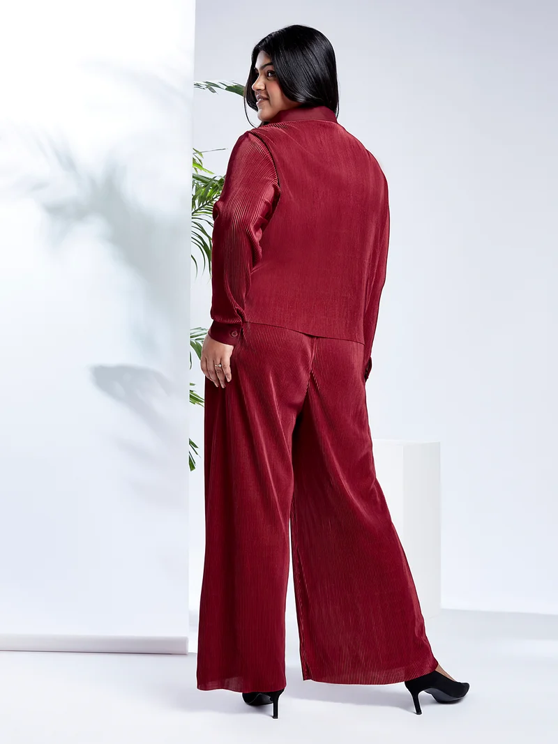 globus Globus Gloplus Women Maroon Self Design Accordion Pleats Shirt Style Top with Wide Leg Trousers Plus Size Party Co-Ord Set