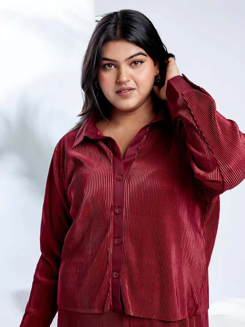 globus Globus Gloplus Women Maroon Self Design Accordion Pleats Shirt Style Top with Wide Leg Trousers Plus Size Party Co-Ord Set