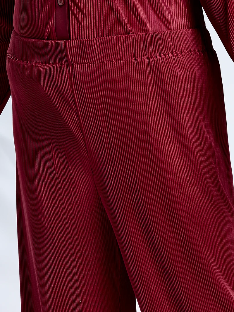 globus Globus Gloplus Women Maroon Self Design Accordion Pleats Shirt Style Top with Wide Leg Trousers Plus Size Party Co-Ord Set
